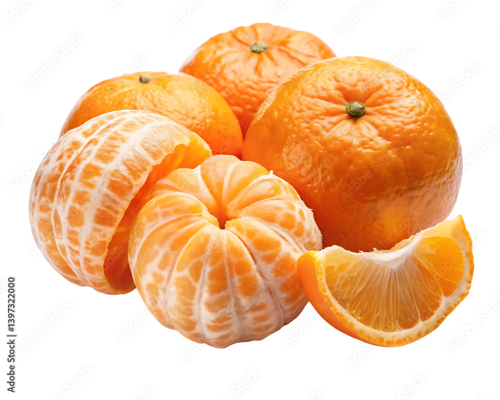 Close up of a group of tangerines with some peeled and a slice on display on transparent background Close up of a group of tangerines with some peeled and a slice on display on transparent background