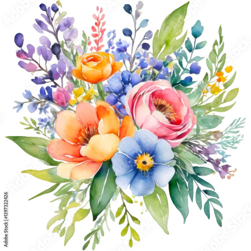 Watercolor Multicolor Flower Bouquet Clipart on Transparent Background