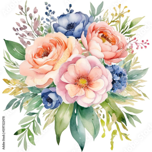 Watercolor Multicolor Flower Bouquet Clipart on Transparent Background