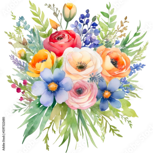 Watercolor Multiculor Flower Bouquet on Transparent Background