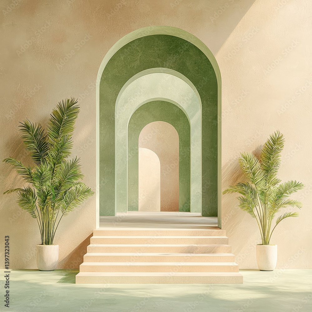 Fototapeta premium Minimalist Interior Archways with Palm Plants, Aesthetic Design for Backgrounds, Architecture and Decor Concept