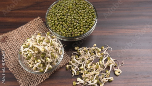 Close up of pile of sprouted seeds of green gram or moong.