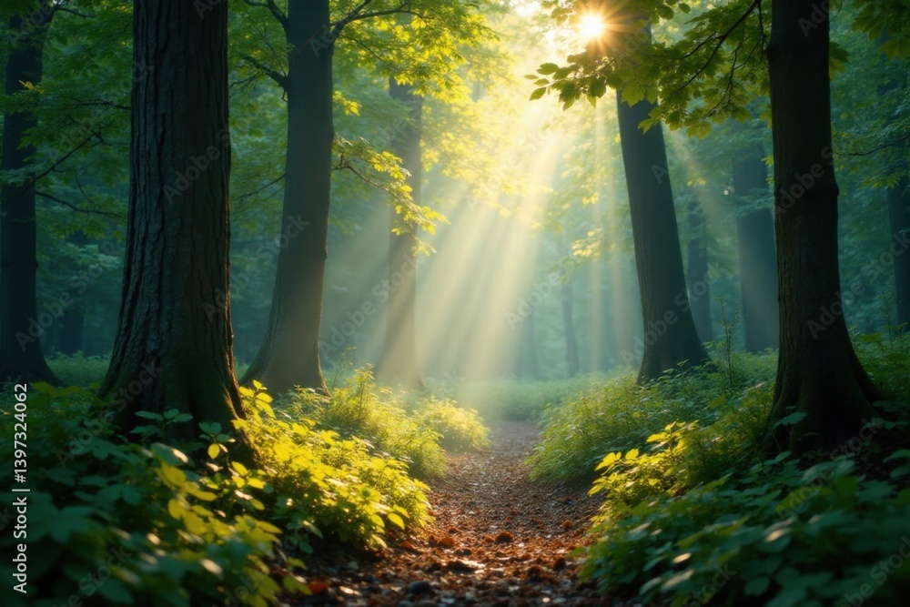 Fototapeta premium Forest rays sunlight filtering through leaves, forest floor, green forest, sunlight filter