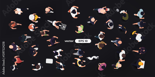Top view of people set isolated. Men and women. View from above. Vector illustration. Male and female characters. Simple flat style design. Realistic silhouettes.