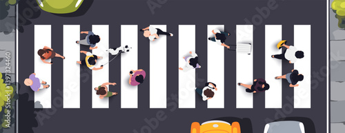 Top view of people set isolated. People cross the pedestrian crossing. Men and women. View from above. Vector illustration. Male and female characters. Simple flat style design. Realistic silhouettes.