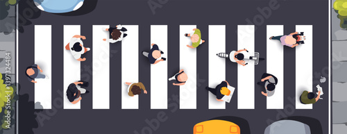 Top view of people set isolated. People cross the pedestrian crossing. Men and women. View from above. Vector illustration. Male and female characters. Simple flat style design. Realistic silhouettes.