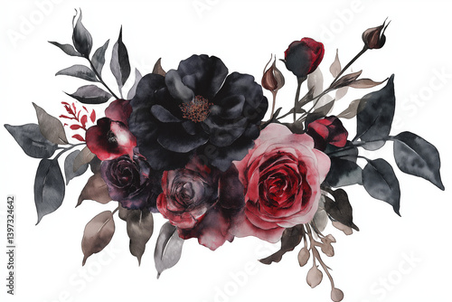 Dark Romantic Watercolor Roses, Floral Bouquet, Gothic Flowers, Elegant Design