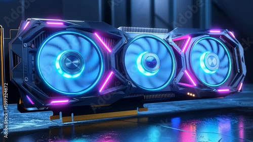 A high-performance computer graphics card with three cooling fans illuminated by blue and pink LED lights, suggesting it's designed for gaming or professional graphics work.