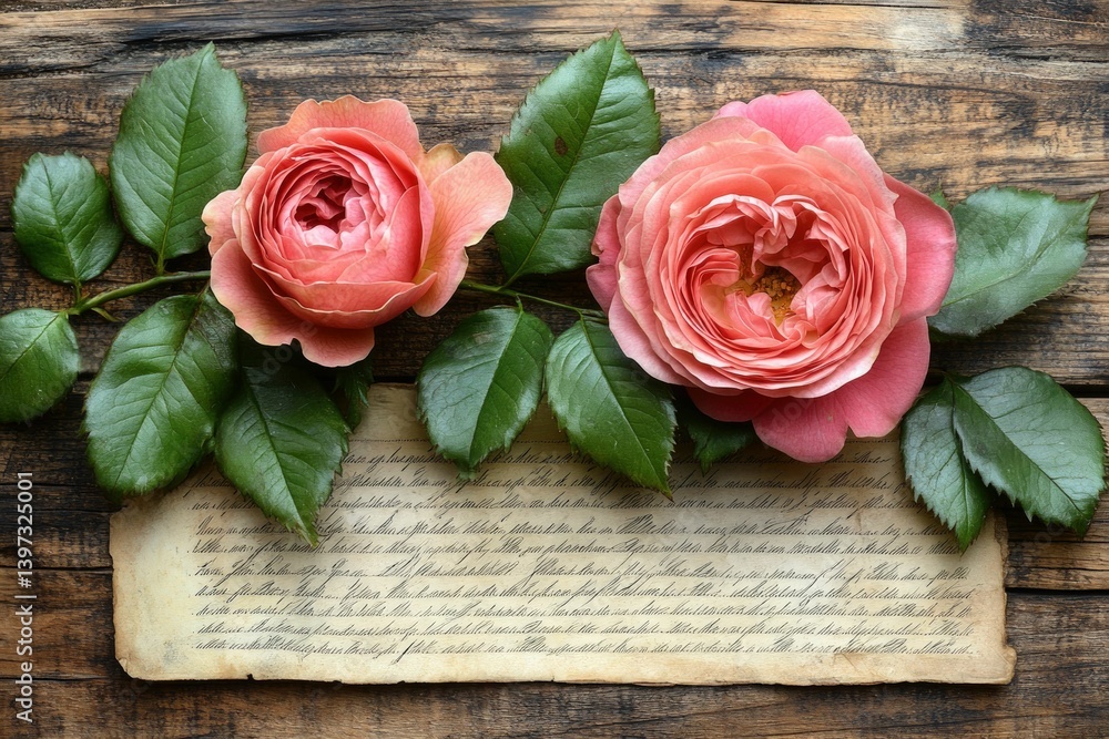 Roses, old paper, and aged wooden background