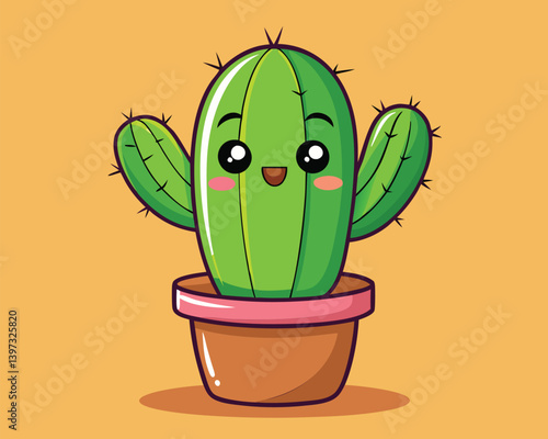 Cute Cartoon Cactus Illustration. Potted Plant Design