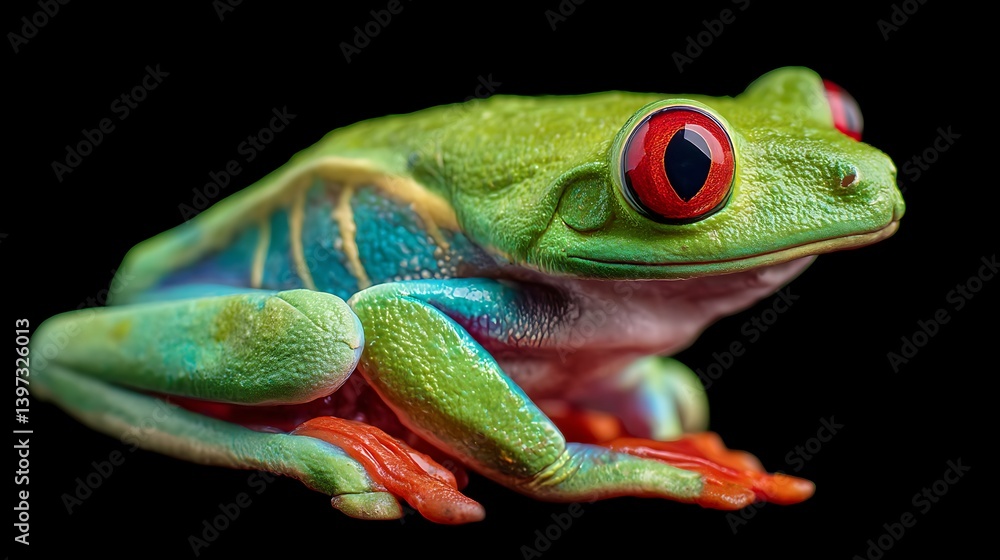 Obraz premium Red Eyed Tree Frog Sitting on Black Background Exotic Wildlife