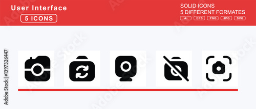 Set of 5 solid user interface icons,camera, cctv, movie, retro, rotate