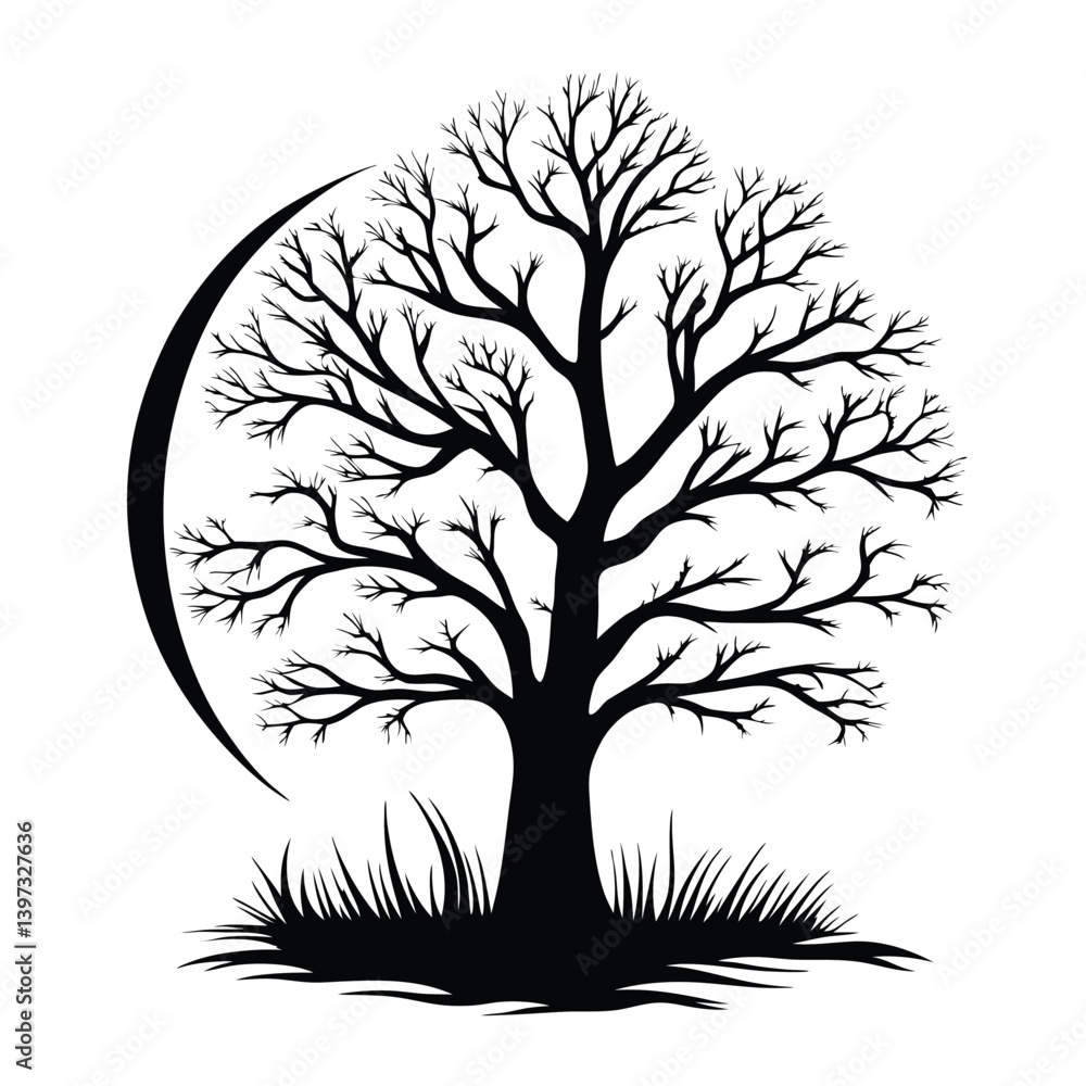Obraz premium Silhouette of Bare Tree with Grass and Crescent Moon, Isolated on White Background