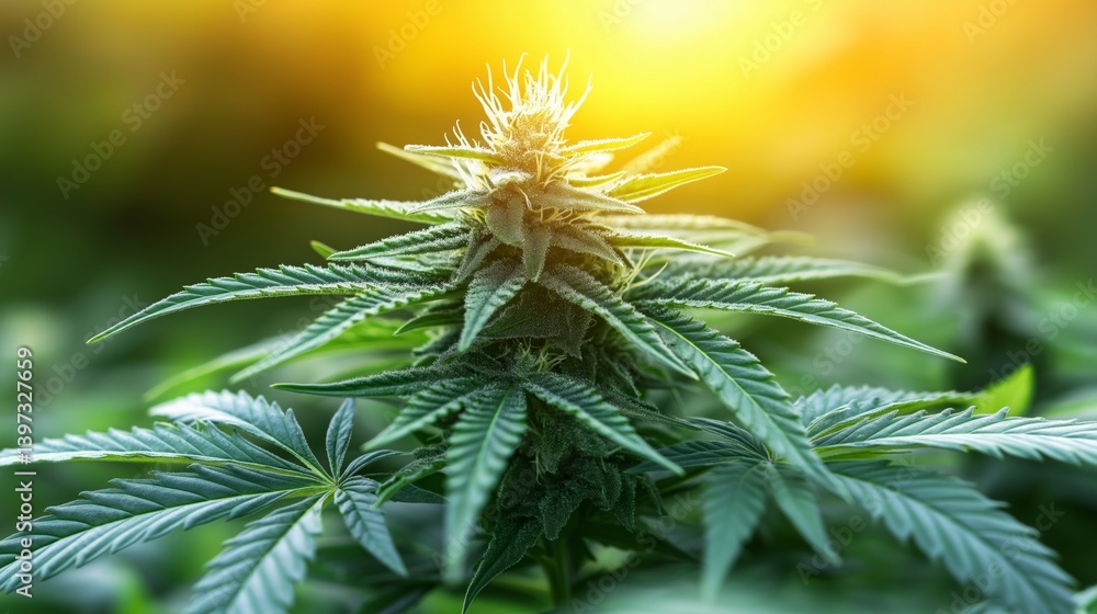 A cannabis plant stands tall in golden light, its pointed leaves glowing with vibrant green hue A cannabis plant stands tall in golden light, its pointed leaves glowing with vibrant green hue