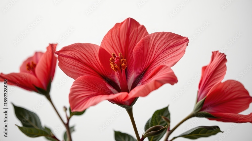 A close-up of vibrant red hibiscus flowers, showcasing their intricate petals and lush green leaves against a clean background. A close-up of vibrant red hibiscus flowers, showcasing their intricate petals and lush green leaves against a clean background.