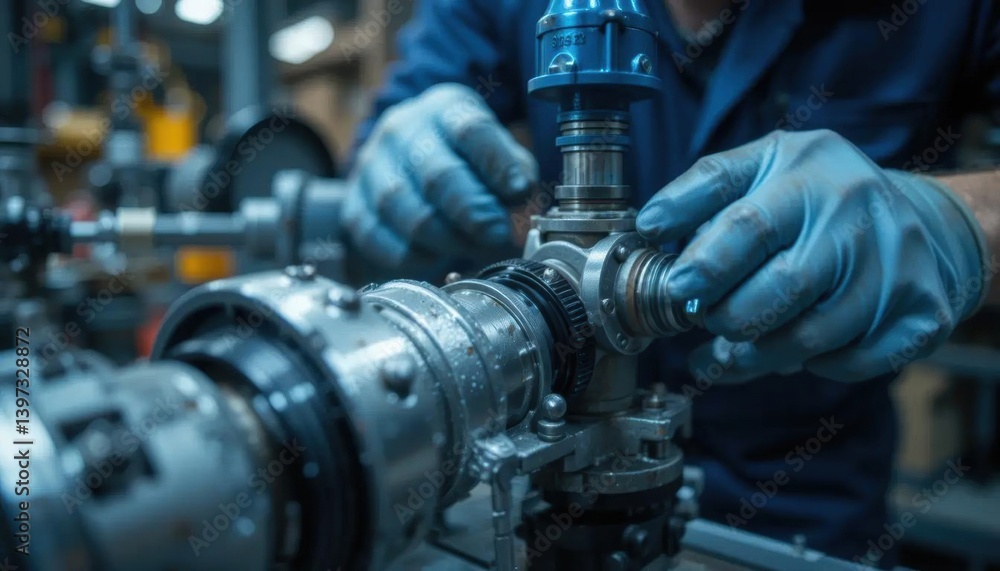 Precision: Engineer Assembling Complex Metal Machinery With Gloved Hands in Workshop. Precision: Engineer Assembling Complex Metal Machinery With Gloved Hands in Workshop.