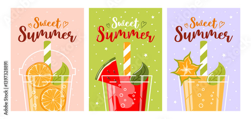 A vector illustration featuring a refreshing drink made with juicy orange, ripe watermelon, and exotic starfruit. The beverage is adorned with a slice of each fruit, evoking a delightful summer vibe.
