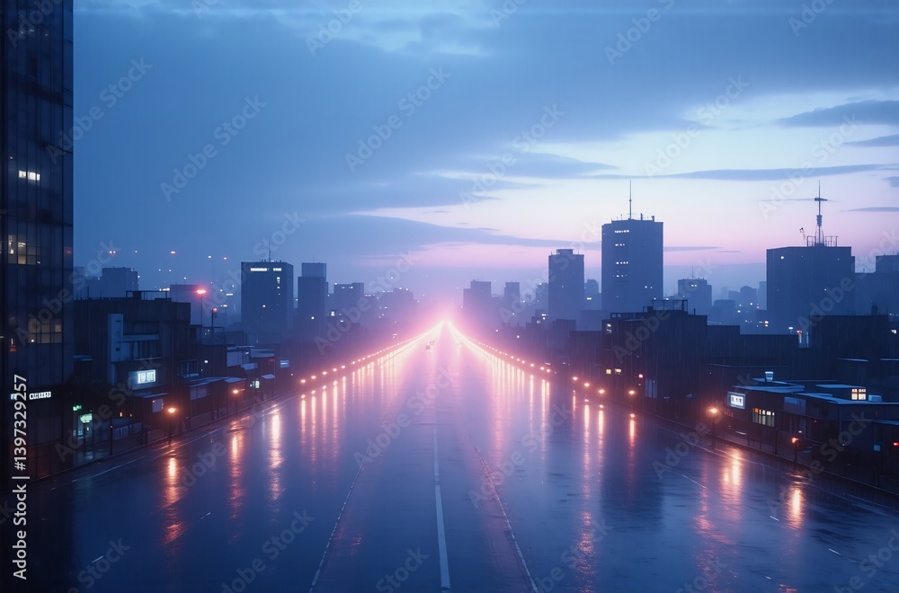 Obraz premium A rain-soaked city highway stretches to a distant skyline at dawn. The cool-toned light reflects on the wet road, creating a serene, almost melancholic atmosphere.