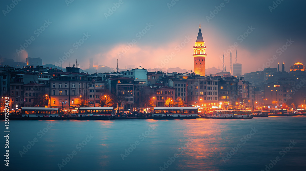 Fototapeta premium A historic city skyline under soft light, blending past and present in a serene urban vista.