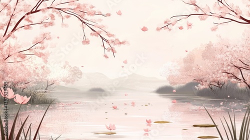 Sakura Blossoms Grace a Calm and Serene Springtime Landscape