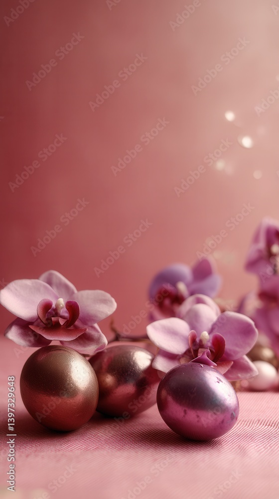 Elegant arrangement of orchids and metallic decorations on a soft pink background for elegant decor ideas Elegant arrangement of orchids and metallic decorations on a soft pink background for elegant decor ideas