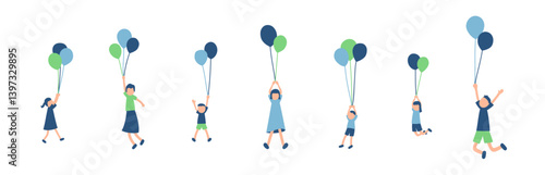 風船で浮く人々のイラスト