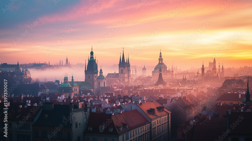 Naklejka premium A historic city skyline under soft light, blending past and present in a serene urban vista.