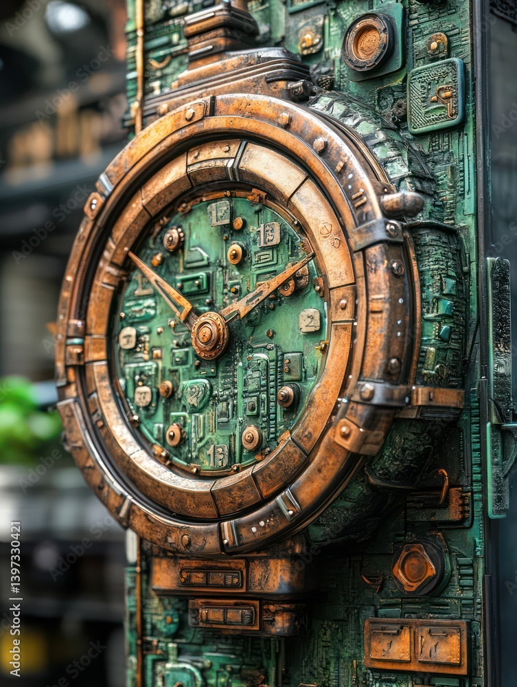 Obraz premium Intricate steampunk clock face with circuit details