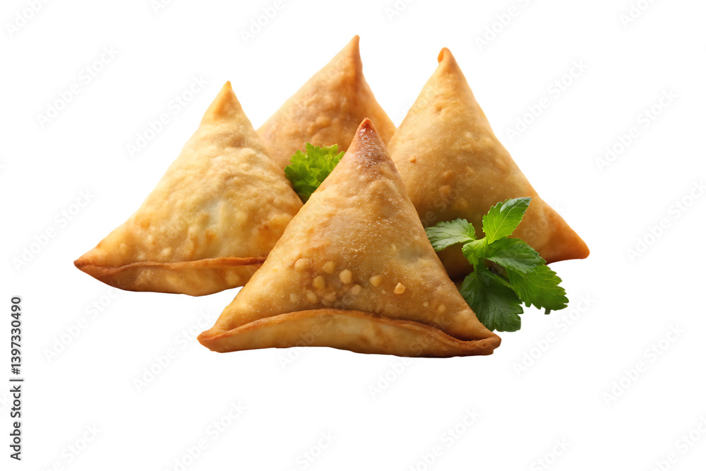 Close up of four samosas with green garnish on a black background view on transparent background Close up of four samosas with green garnish on a black background view on transparent background
