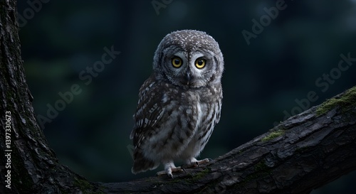 Anak burung hantu kecil dengan bulu yang halus, sedang bertengger di dahan pohon, dengan mata bulat yang besar, latar belakang hutan yang gelap dengan cahaya bulan