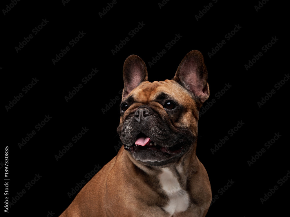 A French Bulldog sits in a studio setting, its head slightly tilted against a dark background. The lighting emphasizes its unique features and adorable expression. A French Bulldog sits in a studio setting, its head slightly tilted against a dark background. The lighting emphasizes its unique features and adorable expression.