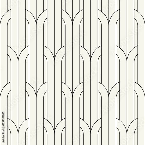 Vector seamless patterns set. Stylish modern geometric ornament. Geometric striped background with arches. Art deco thin monochrome swatches. Tileable prints with linear weaving arches.
