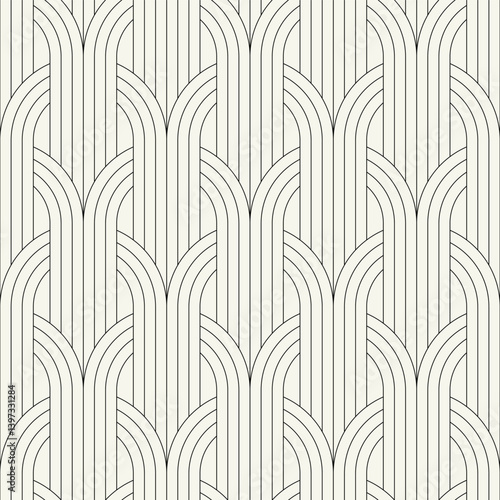 Vector seamless patterns set. Stylish modern geometric ornament. Geometric striped background with arches. Art deco thin monochrome swatches. Tileable prints with linear weaving arches.