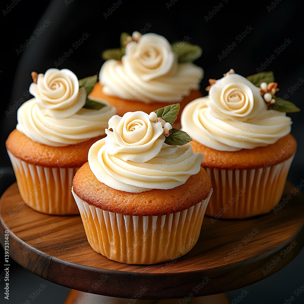 Elegant Vanilla Cupcakes with Sugar Rose Decorations on Wooden Stand Elegant Vanilla Cupcakes with Sugar Rose Decorations on Wooden Stand