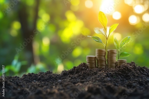 A vibrant green plant grows from a stack of coins, symbolizing financial growth, prosperity, and the nurturing power of investment in a natural setting