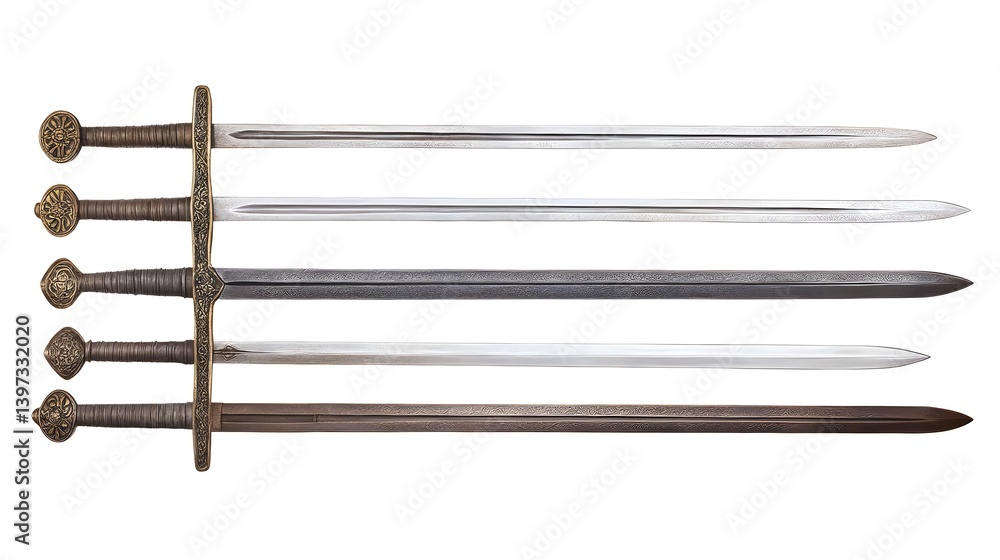 Collection of Four Medieval Longswords Isolated on White Background Collection of Four Medieval Longswords Isolated on White Background