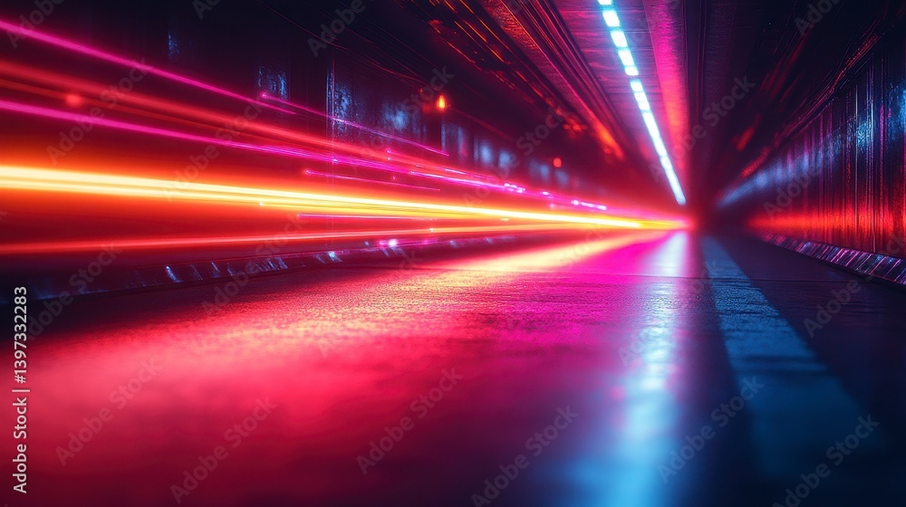 Obraz premium Glowing streaks speed through dark tunnel