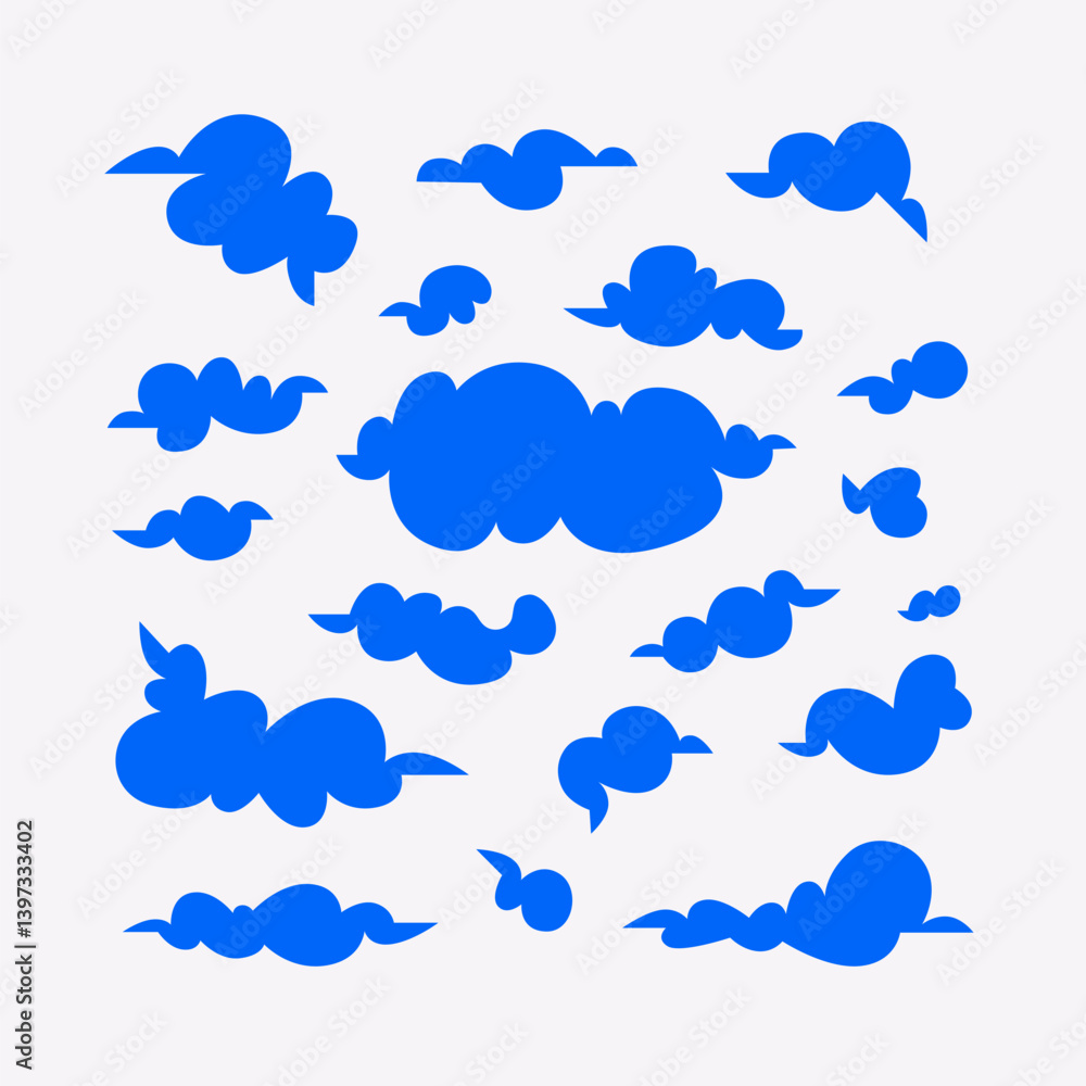 Fototapeta premium Clouds set isolated. Simple cute cartoon design. Icon, logo collection. Modern design. Flat style vector illustration. Blue and white color.