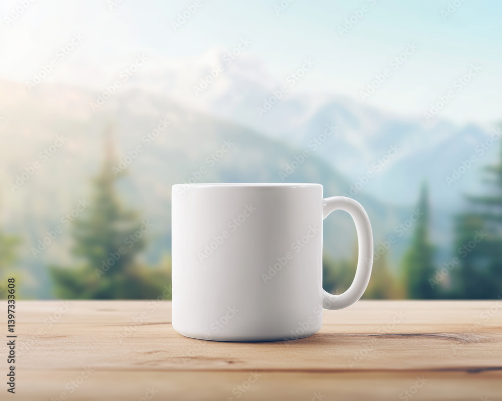 white mug sits on wooden table with serene mountain backdrop, evoking sense of calm and tranquility. soft focus on mountains enhances peaceful atmosphere white mug sits on wooden table with serene mountain backdrop, evoking sense of calm and tranquility. soft focus on mountains enhances peaceful atmosphere