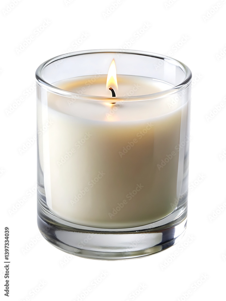 Close up of a lit candle in a clear glass holder against a black background on transparent background Close up of a lit candle in a clear glass holder against a black background on transparent background