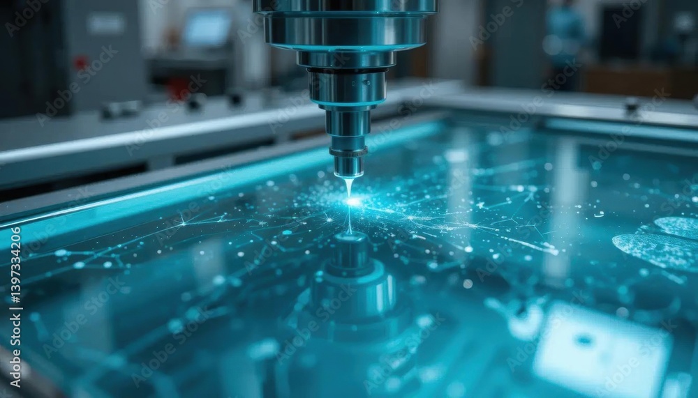 Precision Milling Machine Engraving Intricate Design on Illuminated Surface Precision Milling Machine Engraving Intricate Design on Illuminated Surface