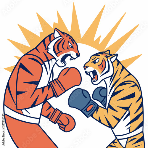 Cartoon Tigers Boxing Match Funny Animal Fight Vector Illustration
