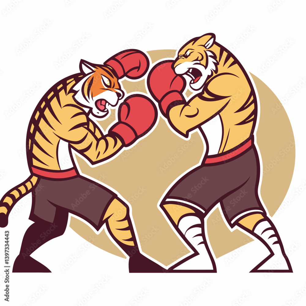Fototapeta premium Cartoon Tigers Boxing Match Funny Animal Fight Vector Illustration