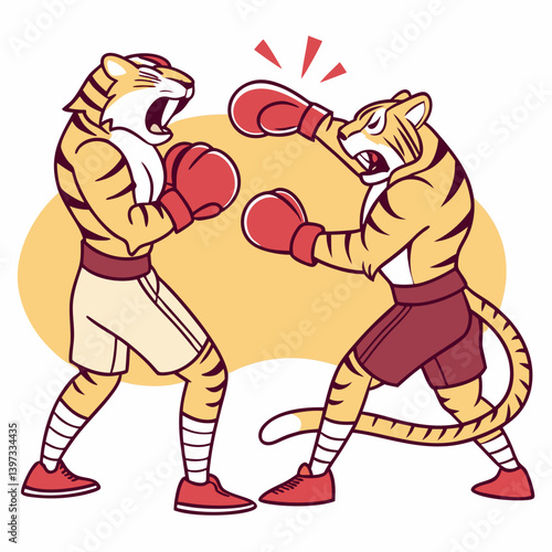 Playful Cartoon Tigers Boxing Red Gloves Animal Sports Illustration
