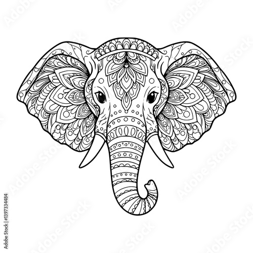 Elephant Head Vector Art and Floral Design in Mandala Style. Drawing illustration Coloring pages for adult.