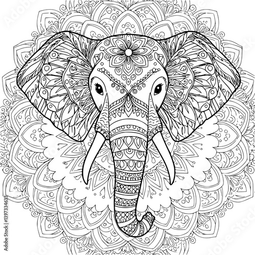 Elephant Head Vector Art with Eagle Wings and Floral Design in Mandala Style. Coloring pages for adult.