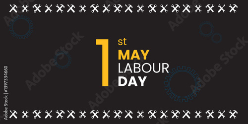 Minimalist 1st May Labour Day Banner with Tools and Gear Icons on Black Background