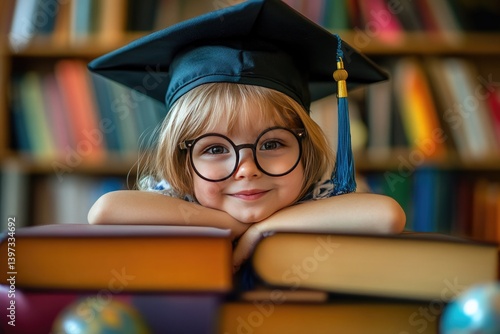 A child in a graduation cap and glasses smiles warmly while resting their head on stacked books, celebrating intellectual growth, education, and youthful enthusiasm.