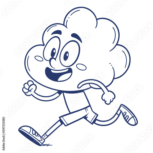 Smiling Cartoon Cloud Character Running. Happy Weather Icon in Blue Outline Style