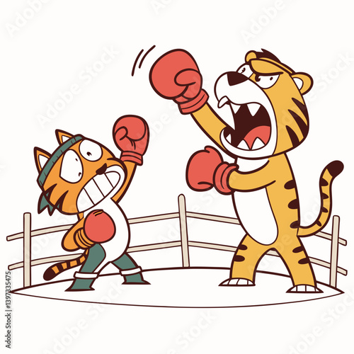 Funny Cartoon Tigers Boxing Match in Ring - Animal Sports Vector Illustration